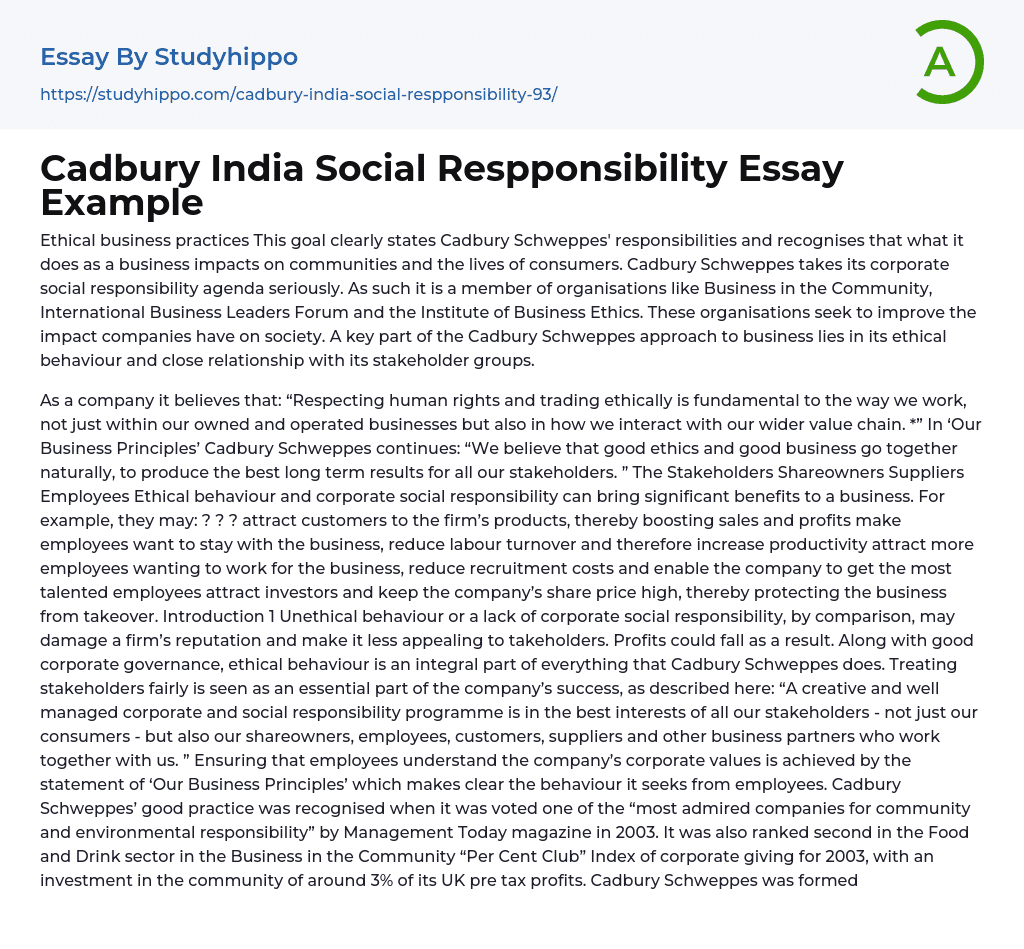 Cadbury India Social Respponsibility Essay Example