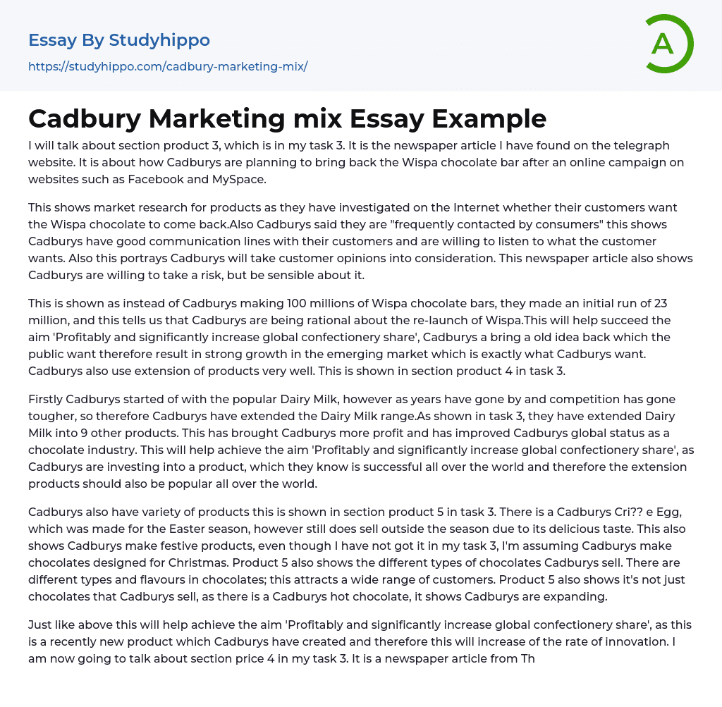 Cadbury Marketing mix Essay Example