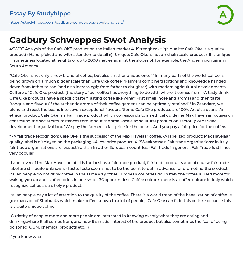 Cadbury Schweppes Swot Analysis Essay Example