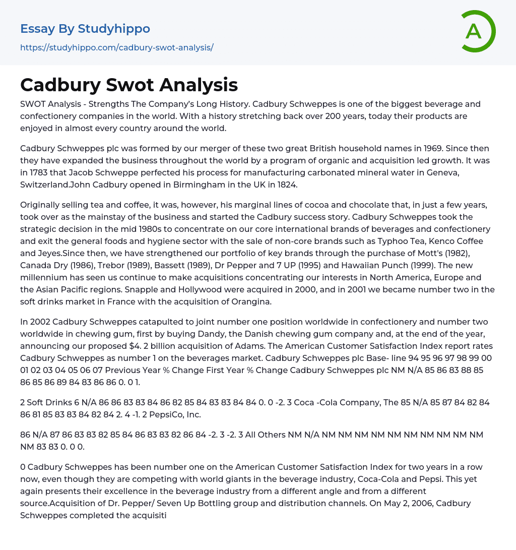 Cadbury Swot Analysis Essay Example