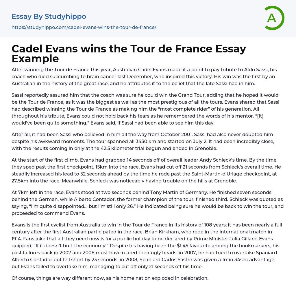 Cadel Evans wins the Tour de France Essay Example