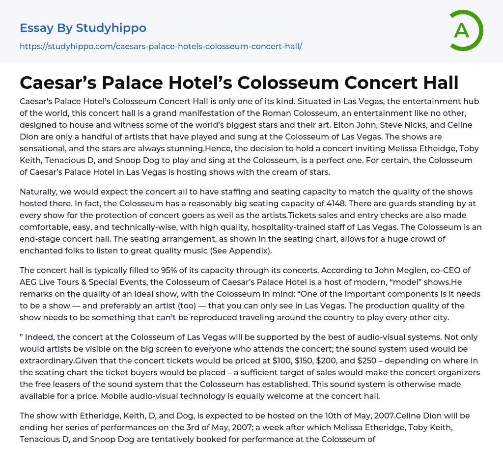 Caesar’s Palace Hotel’s Colosseum Concert Hall Essay Example