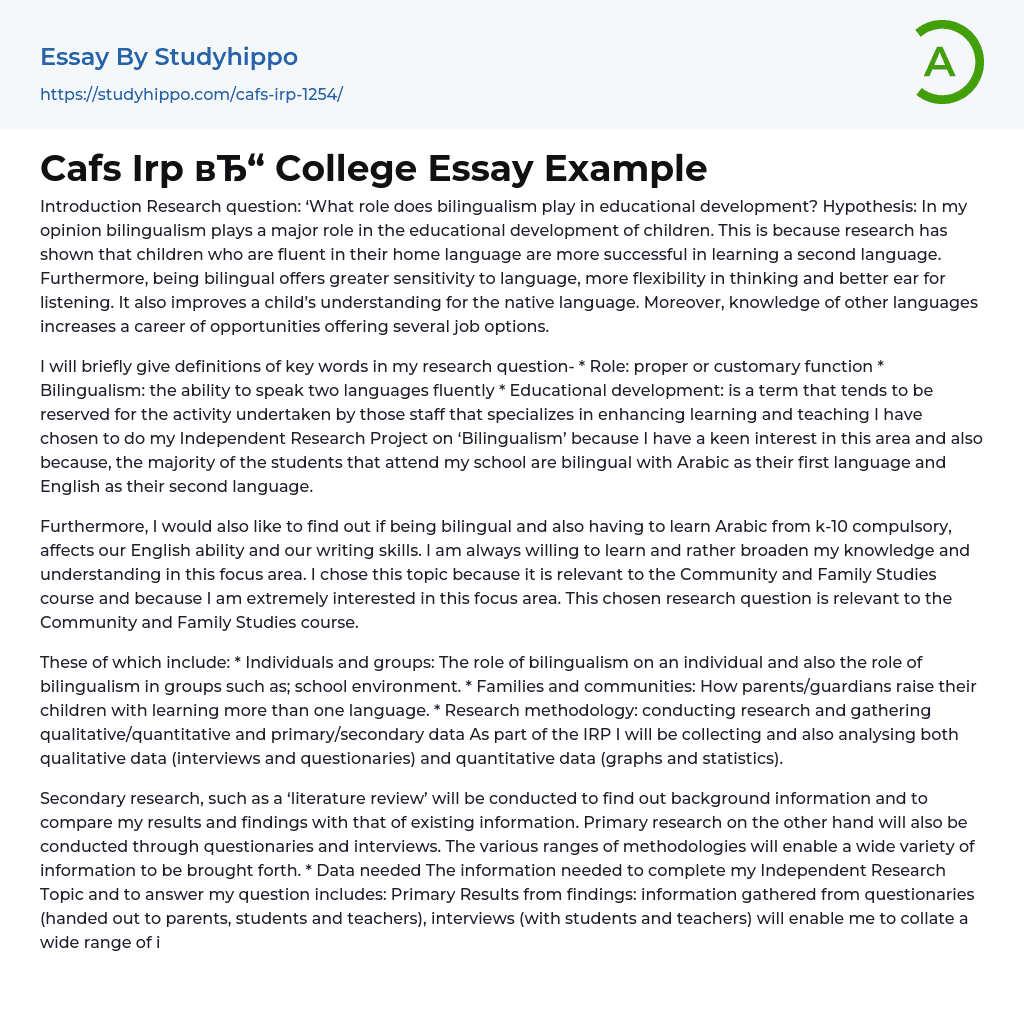 Cafs Irp College Essay Example