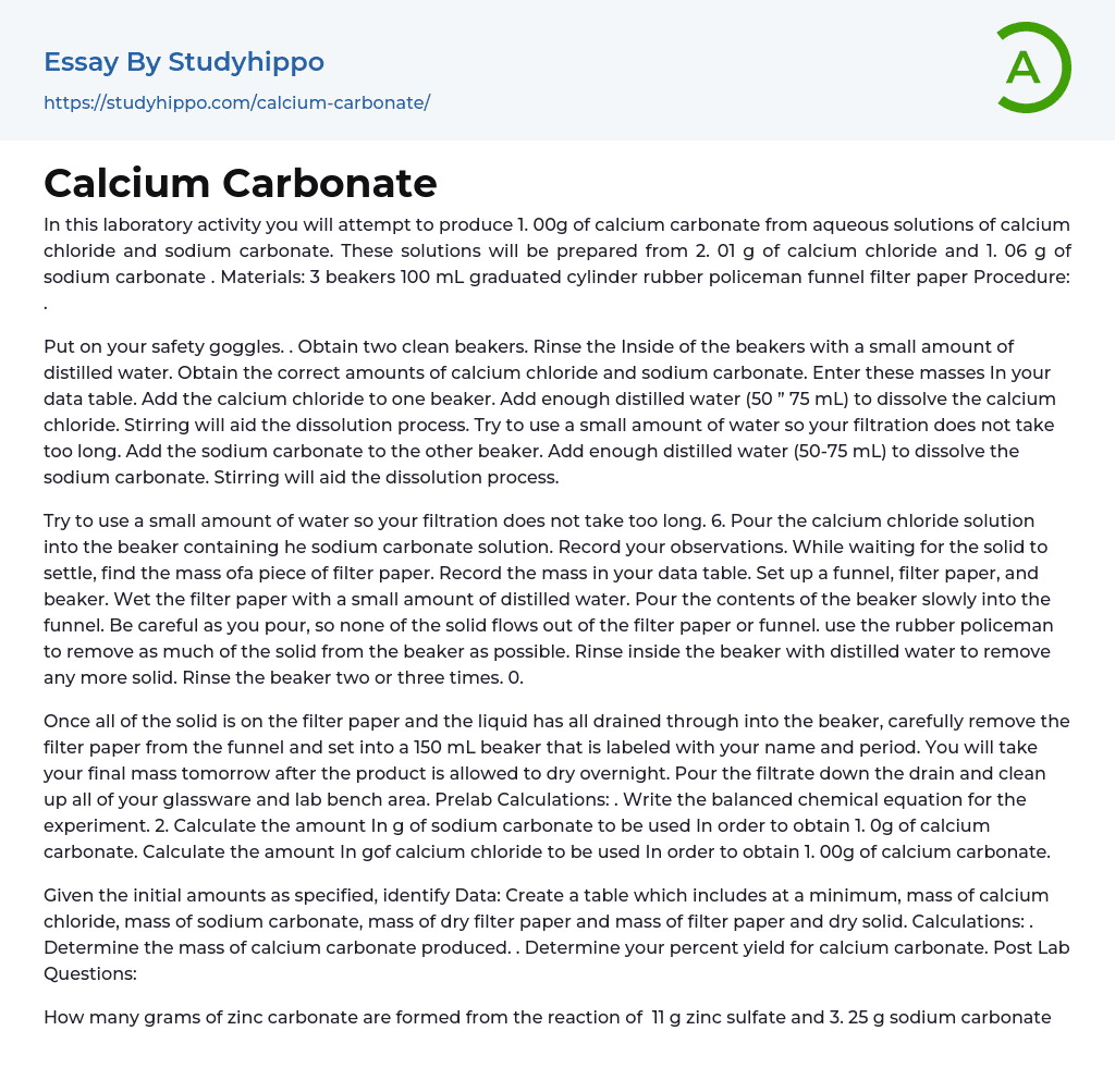 Calcium Carbonate Essay Example