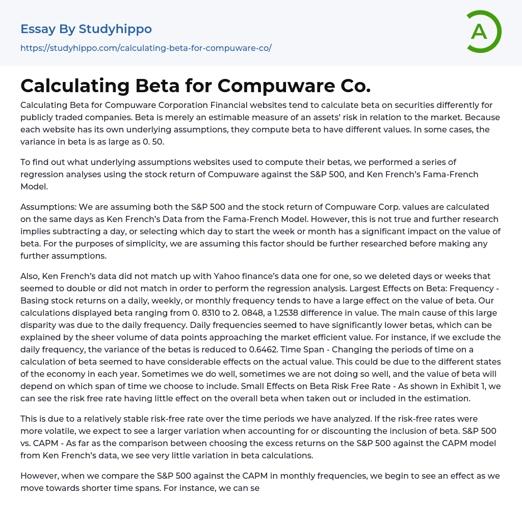 Calculating Beta for Compuware Co. Essay Example