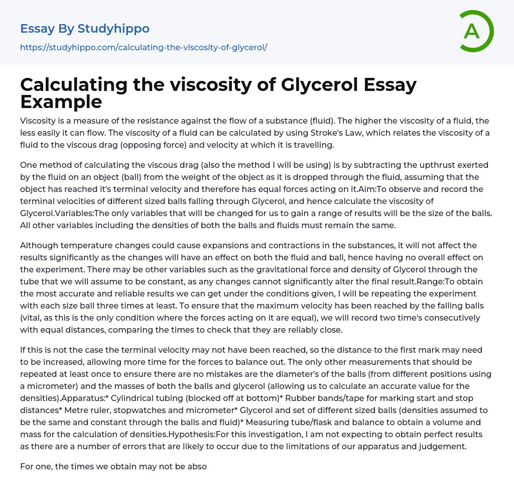 Calculating the viscosity of Glycerol Essay Example