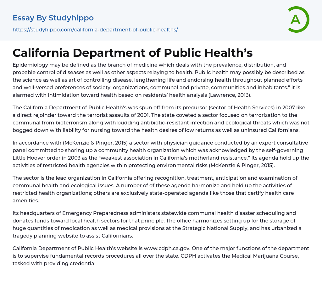 California Department of Public Health’s Essay Example