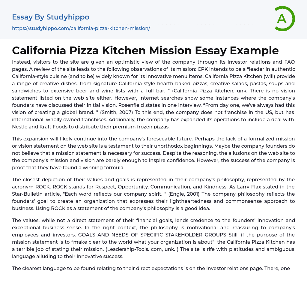 California Pizza Kitchen Mission Essay Example