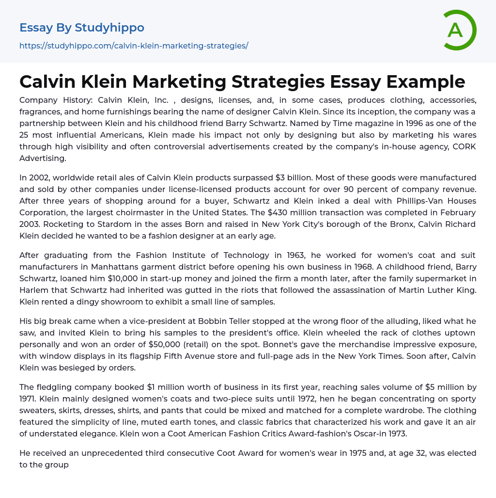 Calvin Klein Marketing Strategies Essay Example