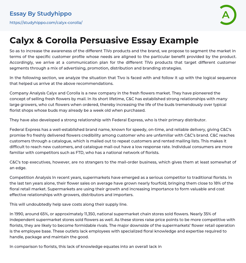 Calyx & Corolla Persuasive Essay Example