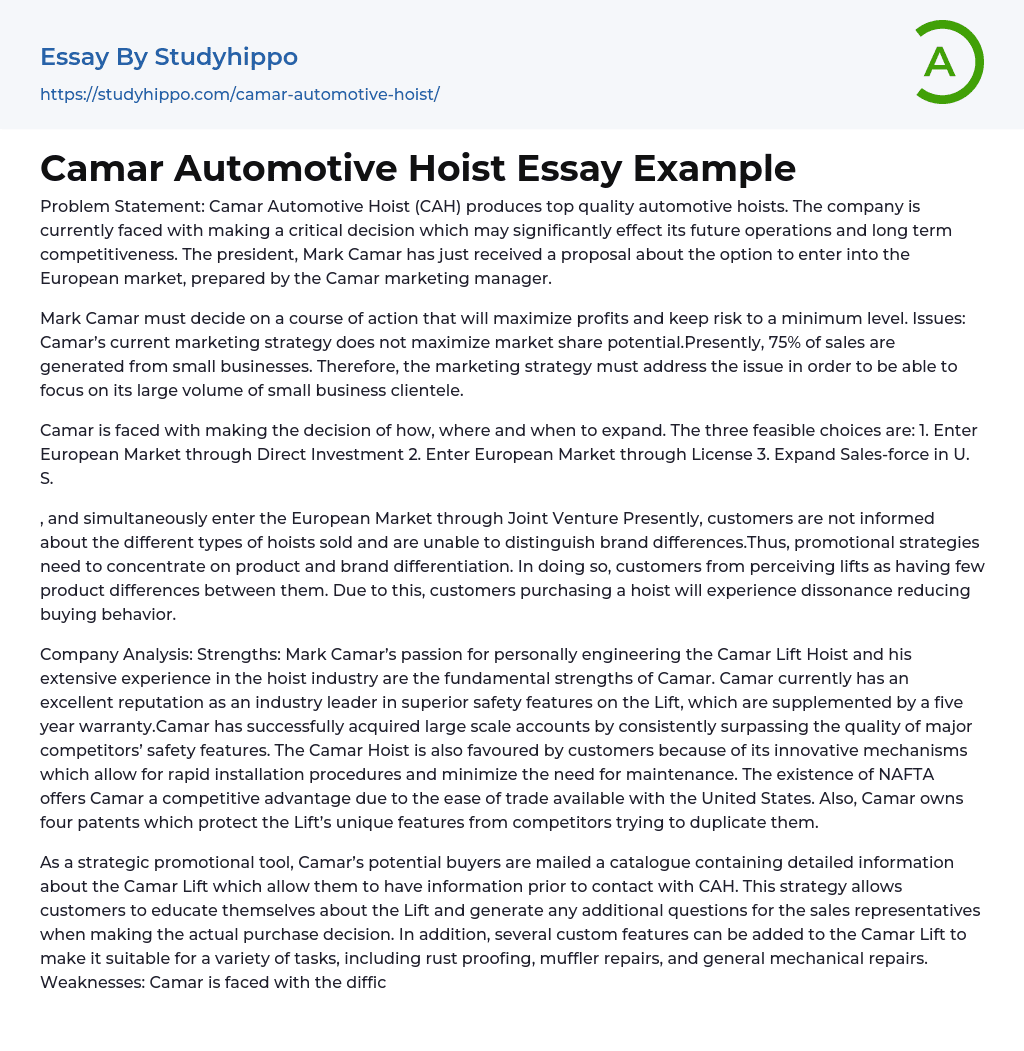 Camar Automotive Hoist Essay Example