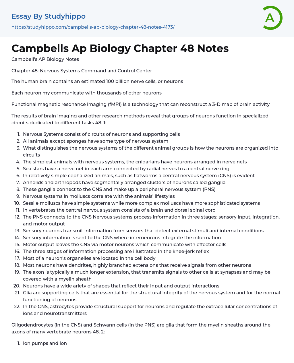 Campbells Ap Biology Chapter 48 Notes Essay Example