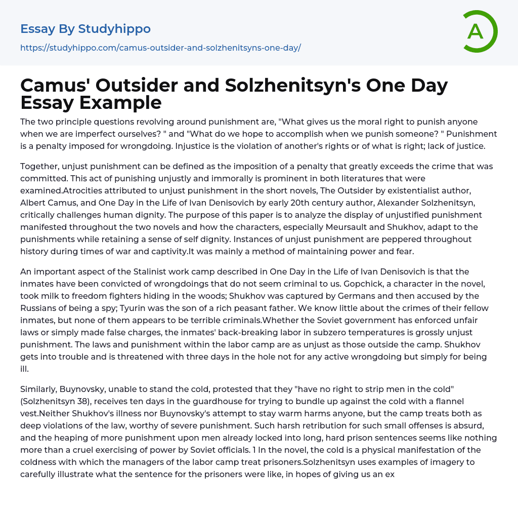 Camus’ Outsider and Solzhenitsyn’s One Day Essay Example