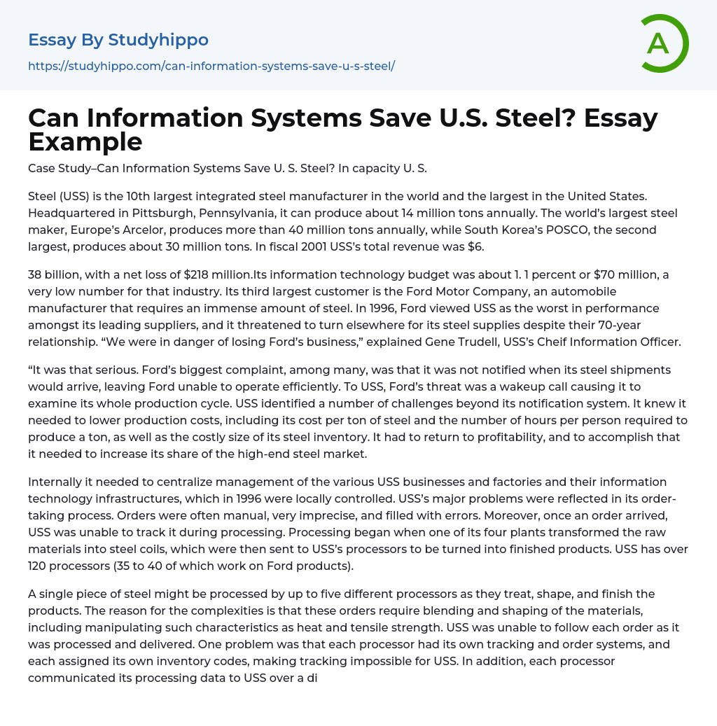 Can Information Systems Save U.S. Steel? Essay Example