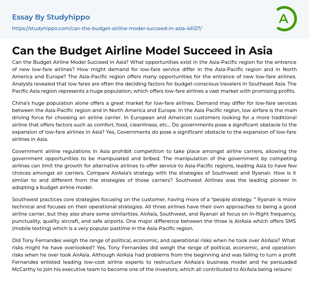 Can the Budget Airline Model Succeed in Asia Essay Example
