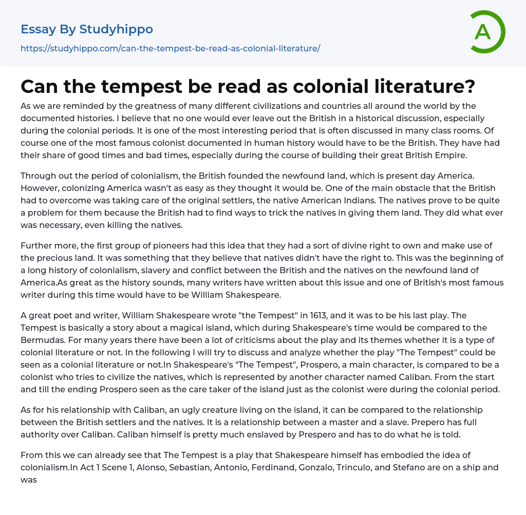 Can the tempest be read as colonial literature? Essay Example