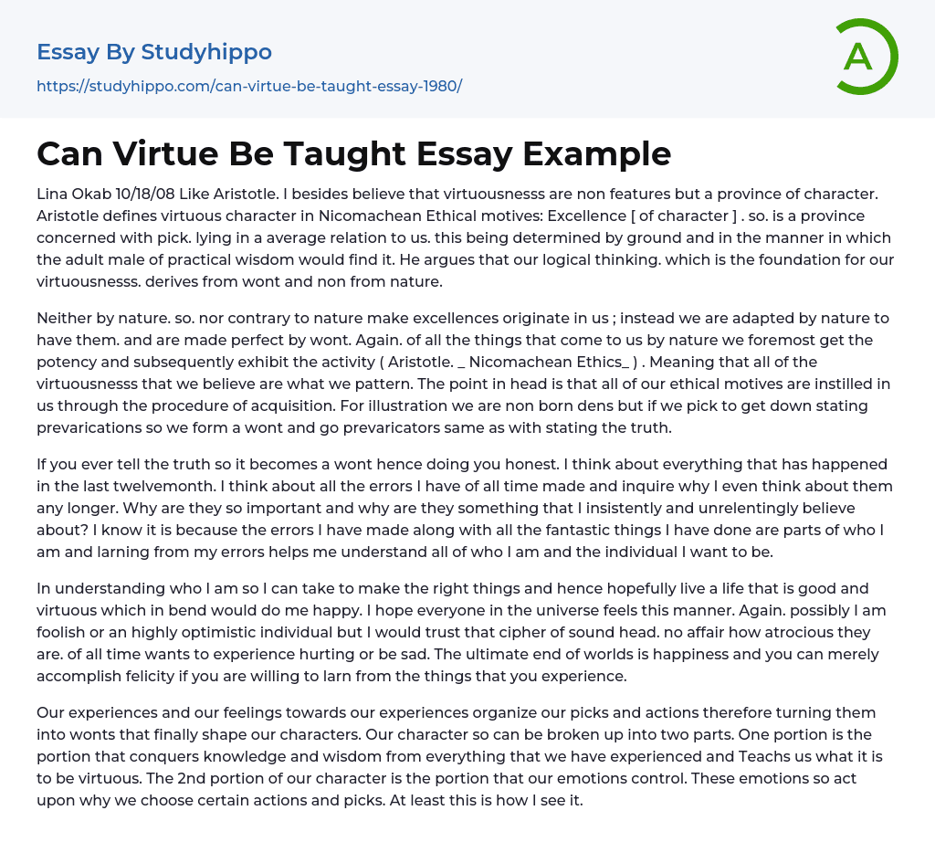 Can Virtue Be Taught Essay Example