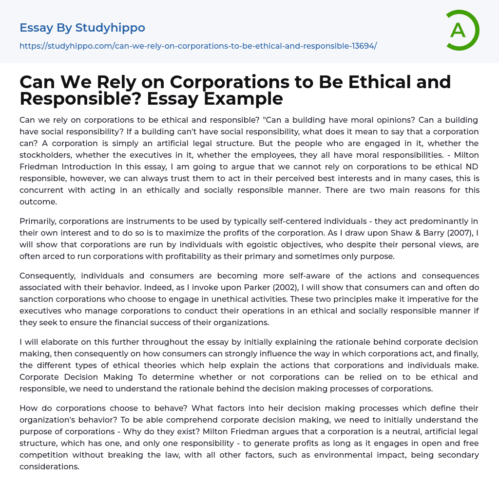 Can We Rely on Corporations to Be Ethical and Responsible? Essay Example