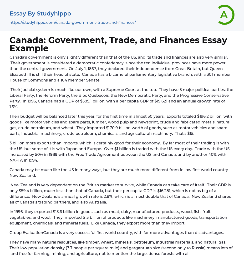 Canada: Government, Trade, and Finances Essay Example