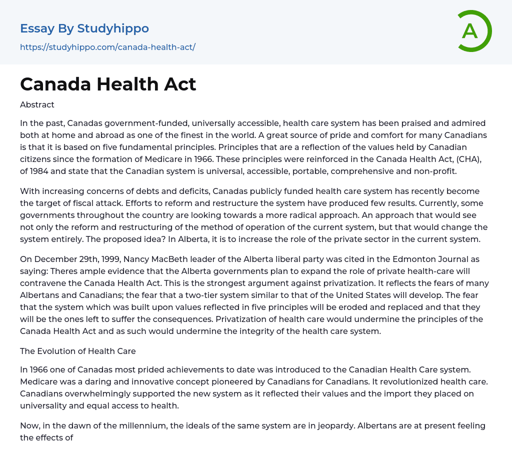 Canada Health Act Essay Example