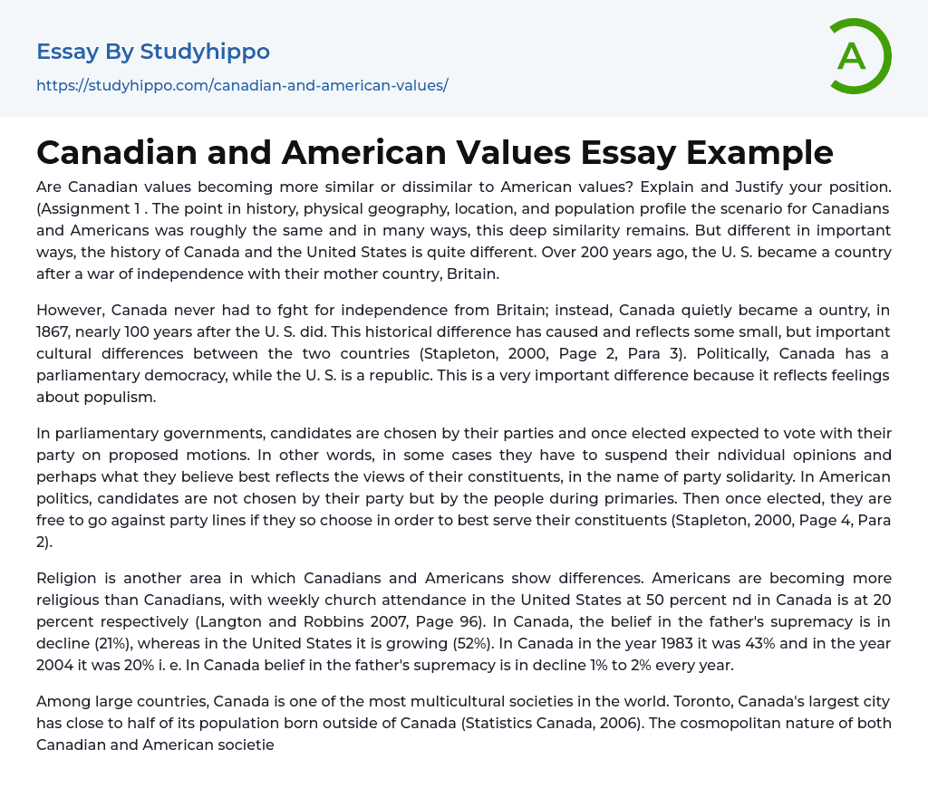 Canadian and American Values Essay Example