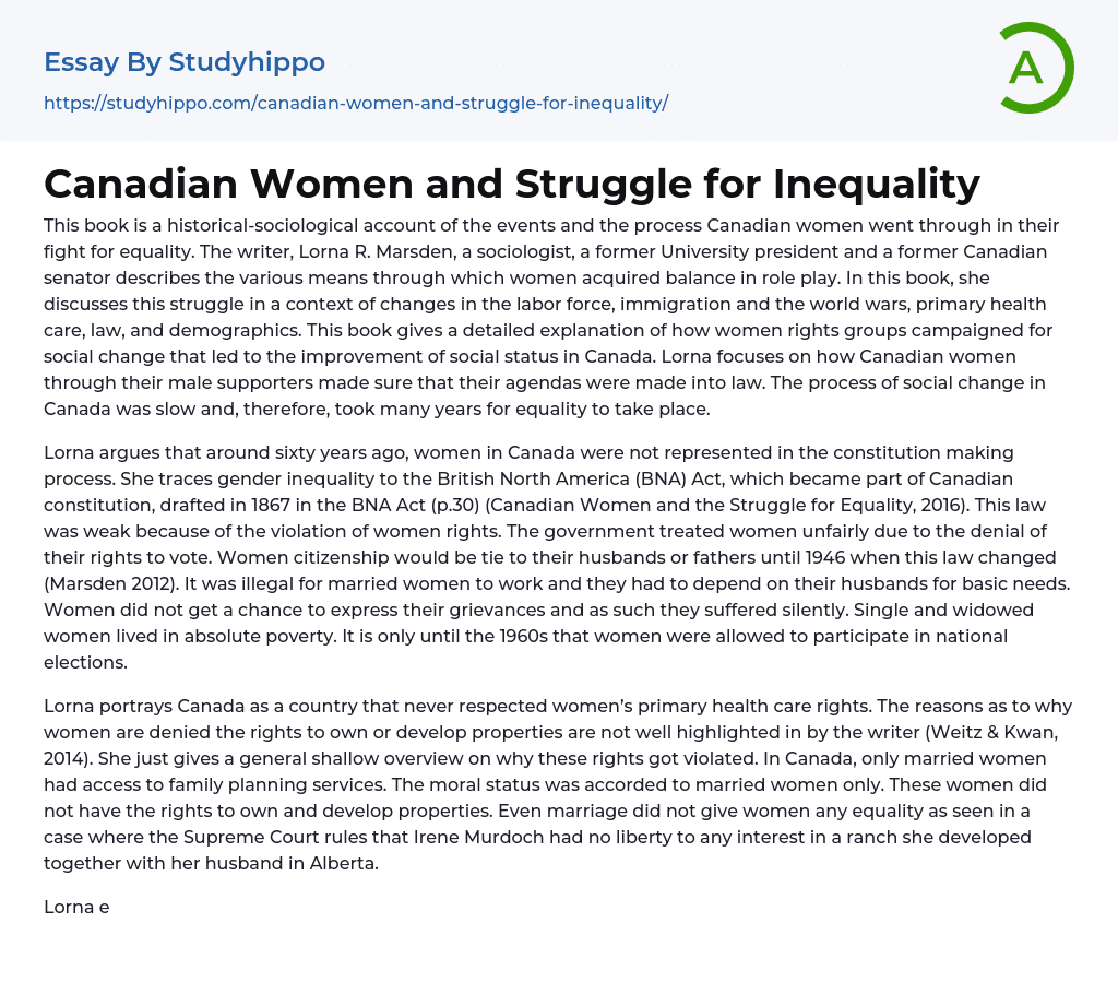 Canadian Women and Struggle for Inequality Essay Example