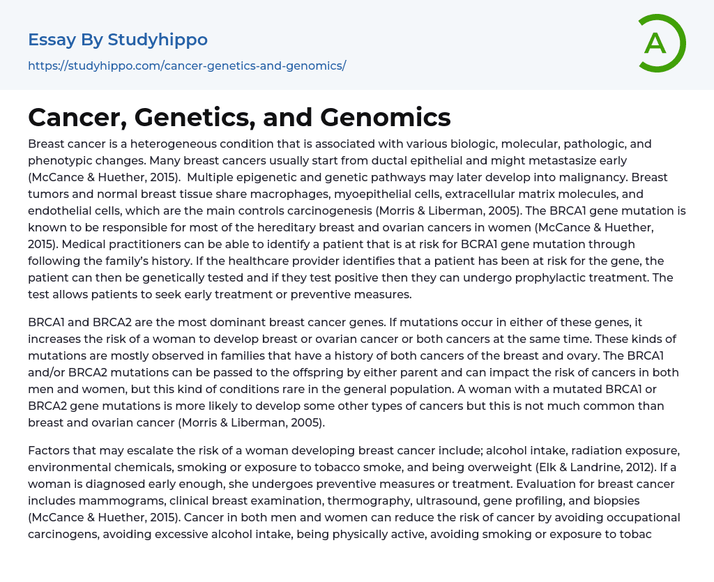 Cancer, Genetics, and Genomics Essay Example