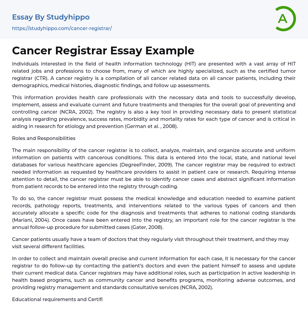 Cancer Registrar Essay Example