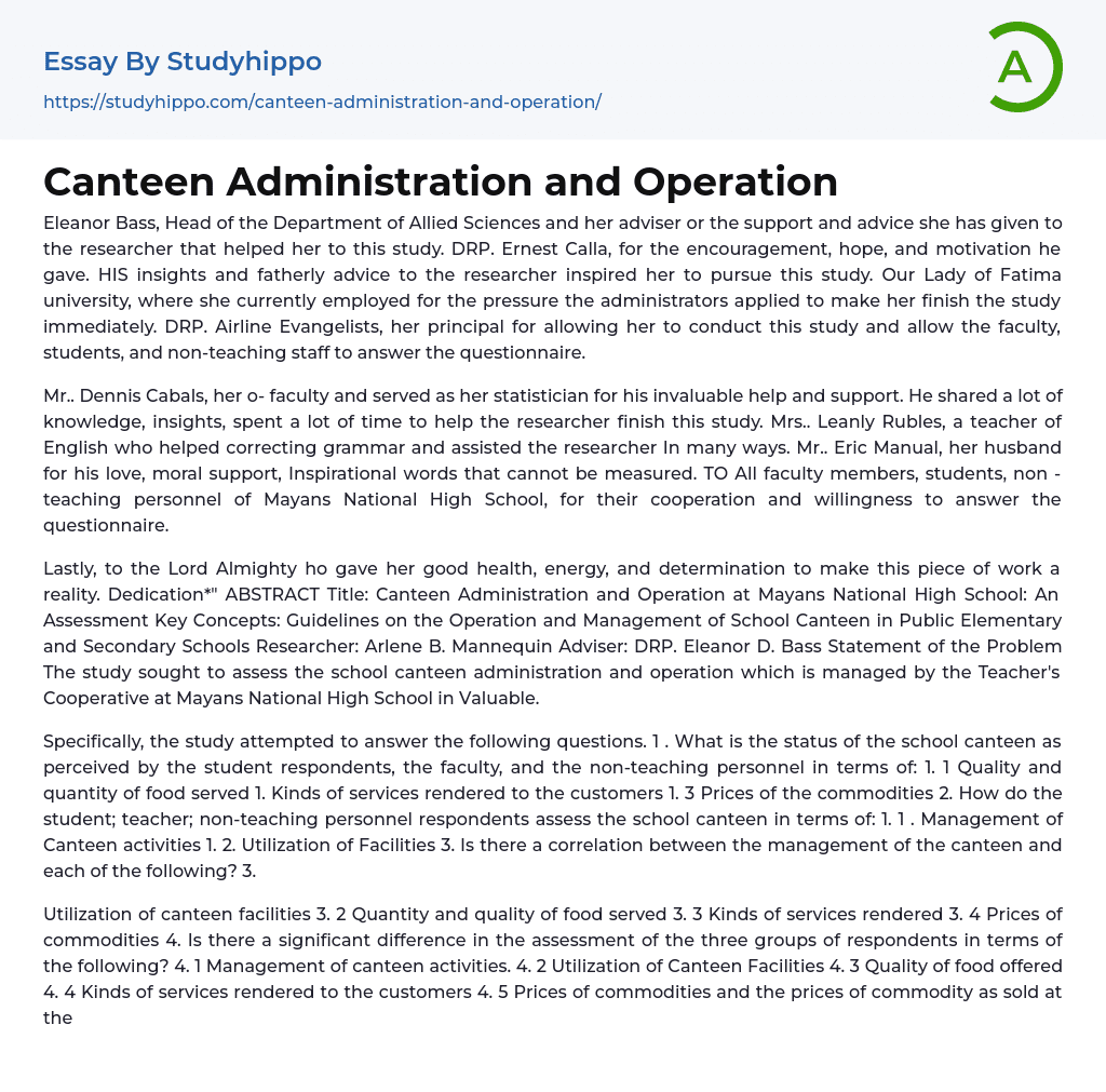 Canteen Administration and Operation Essay Example