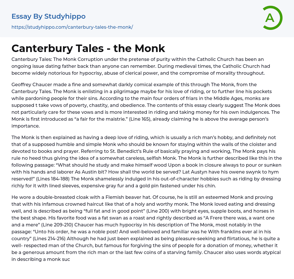 Canterbury Tales – the Monk Essay Example