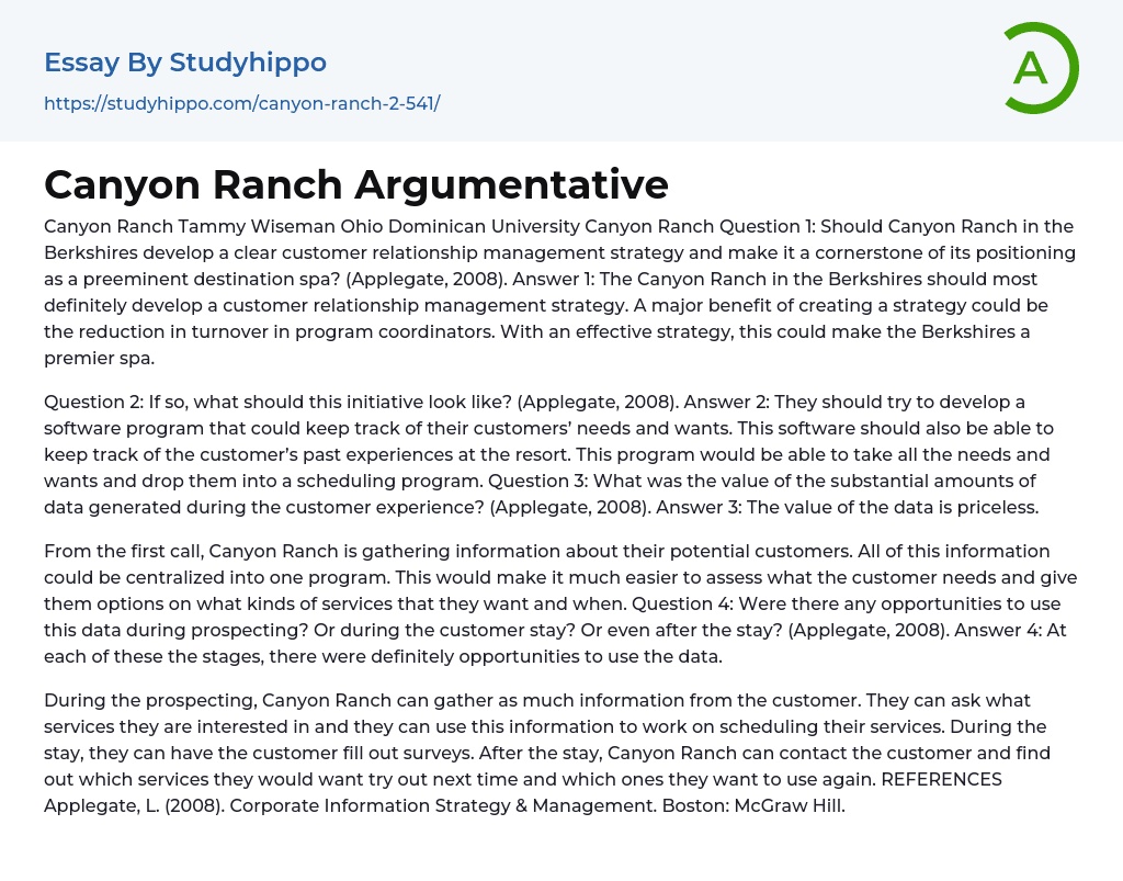 Canyon Ranch Argumentative Essay Example