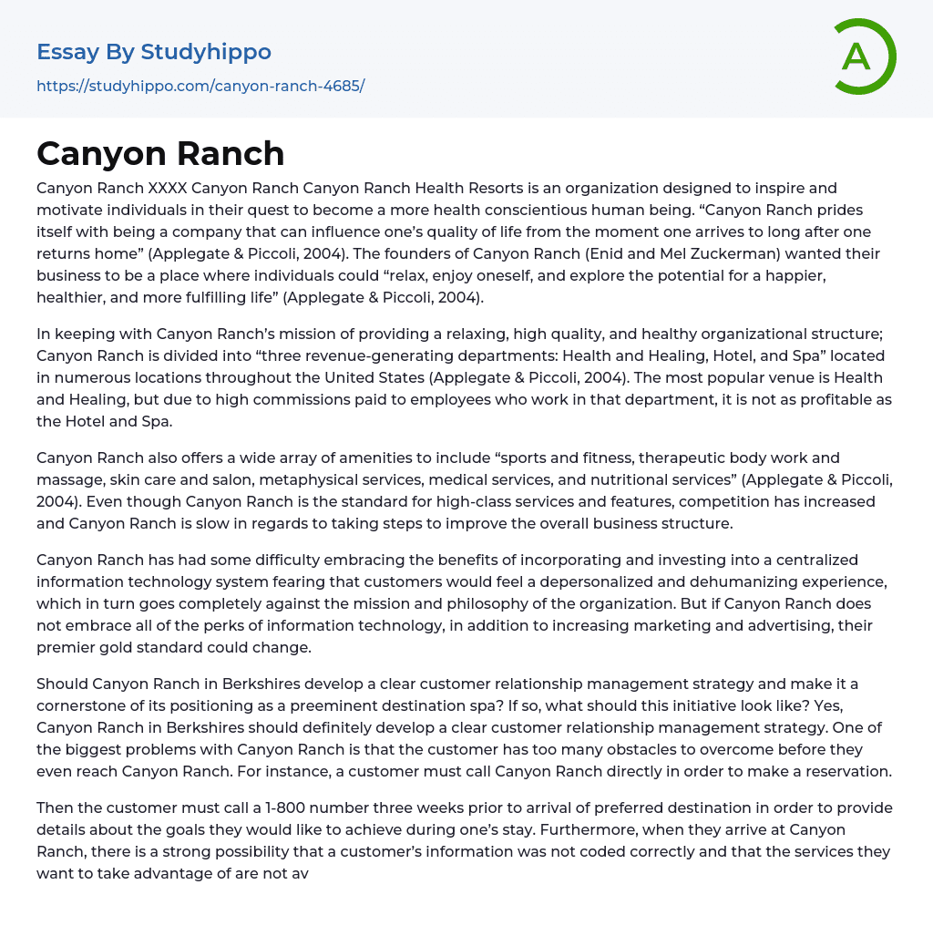Canyon Ranch Essay Example