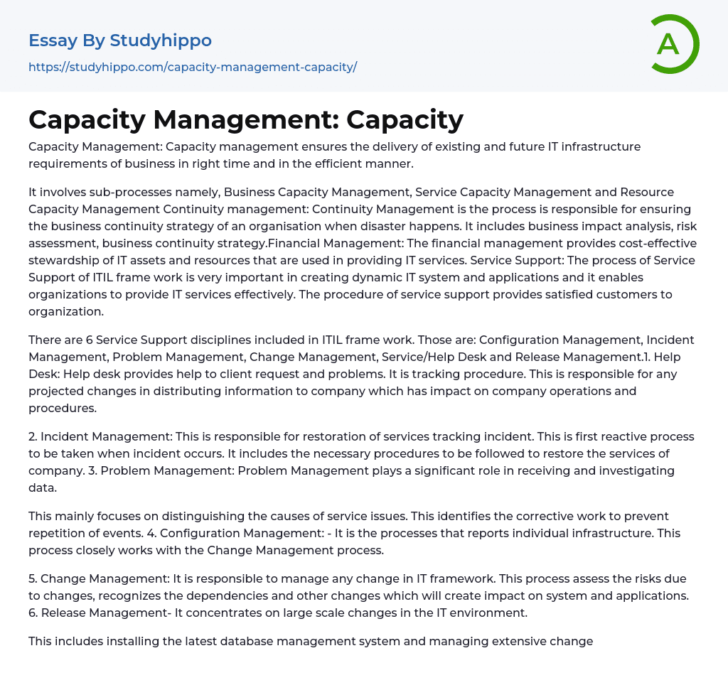 Capacity Management: Capacity Essay Example