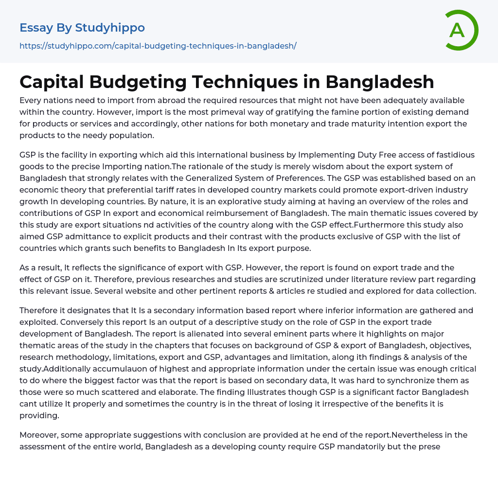 Capital Budgeting Techniques in Bangladesh Essay Example