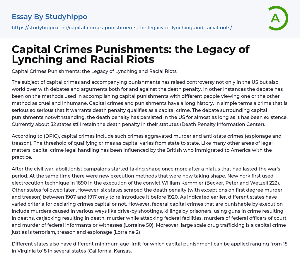 Capital Crimes Punishments: the Legacy of Lynching and Racial Riots Essay Example