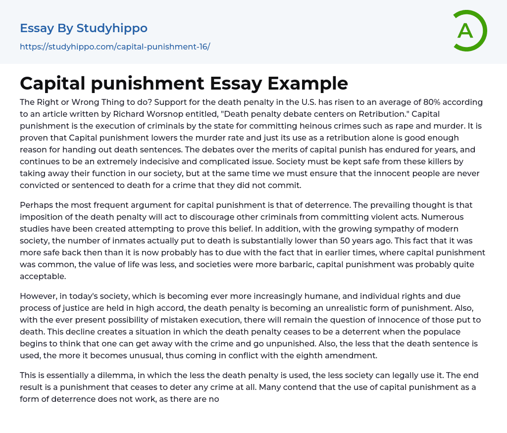 Capital punishment Essay Example