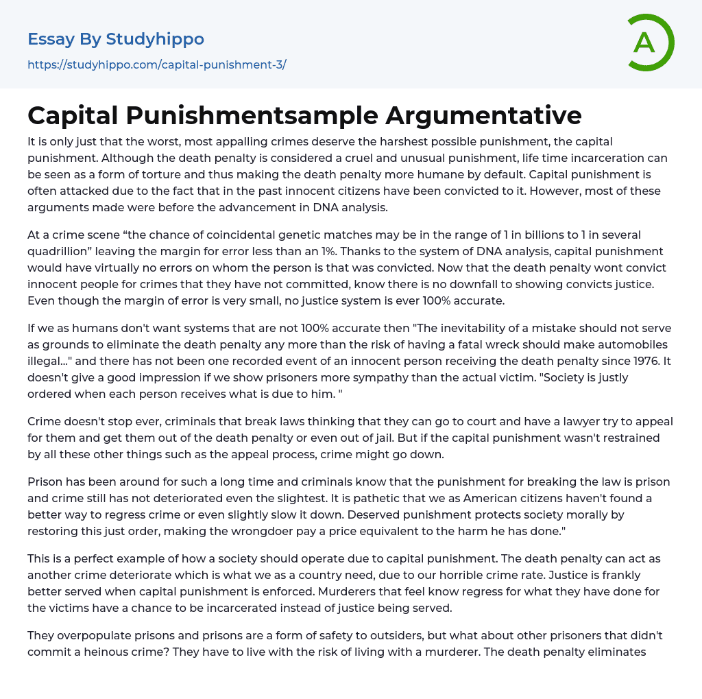 Capital Punishmentsample Argumentative Essay Example