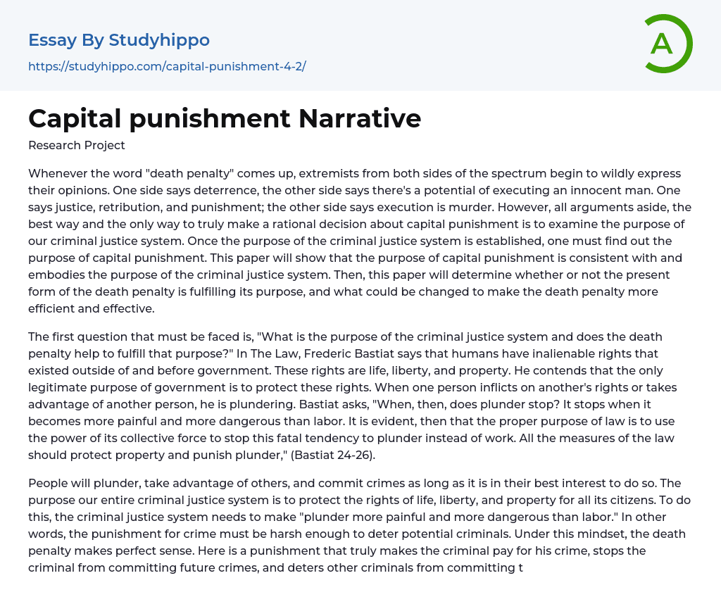 Capital punishment Narrative Essay Example