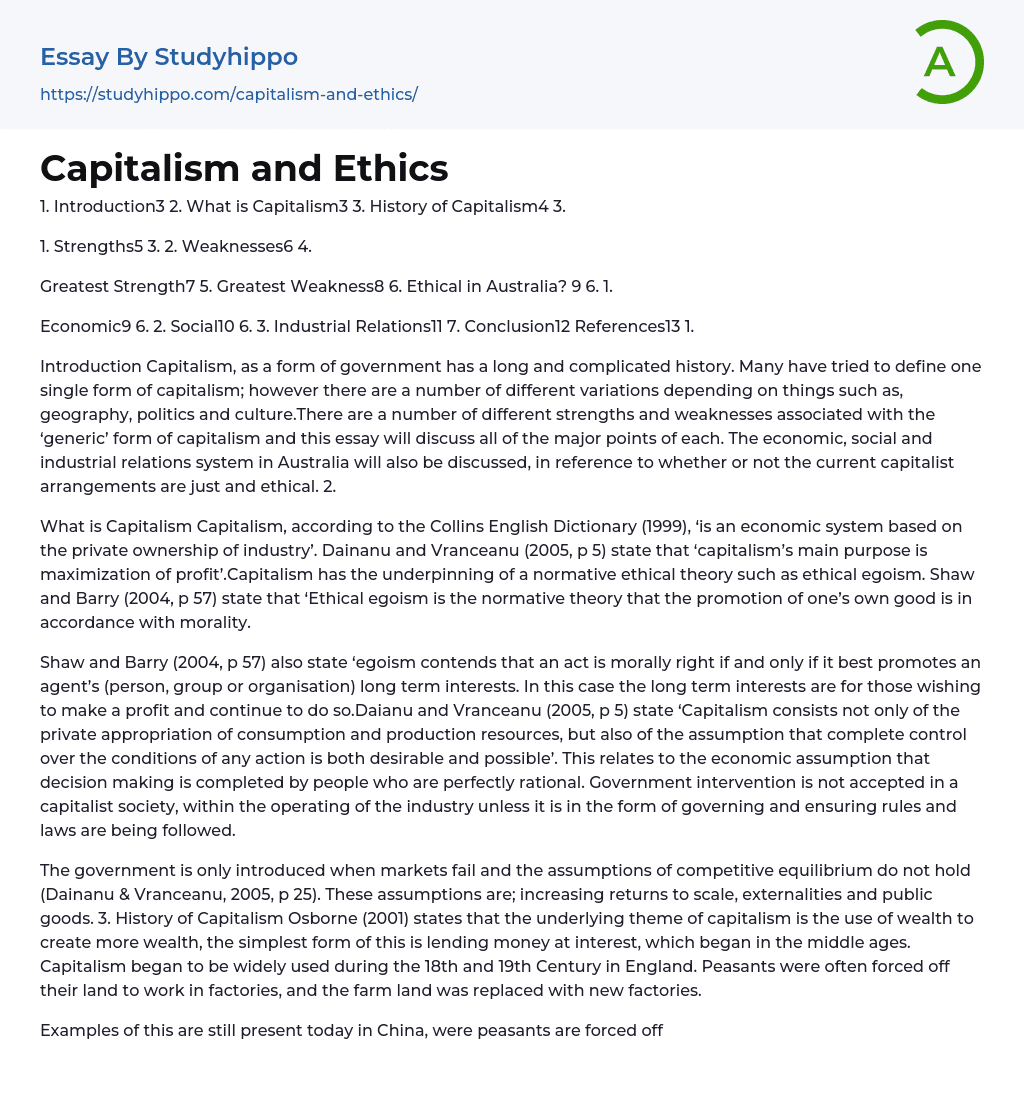 Capitalism and Ethics: What is Capitalism? Essay Example