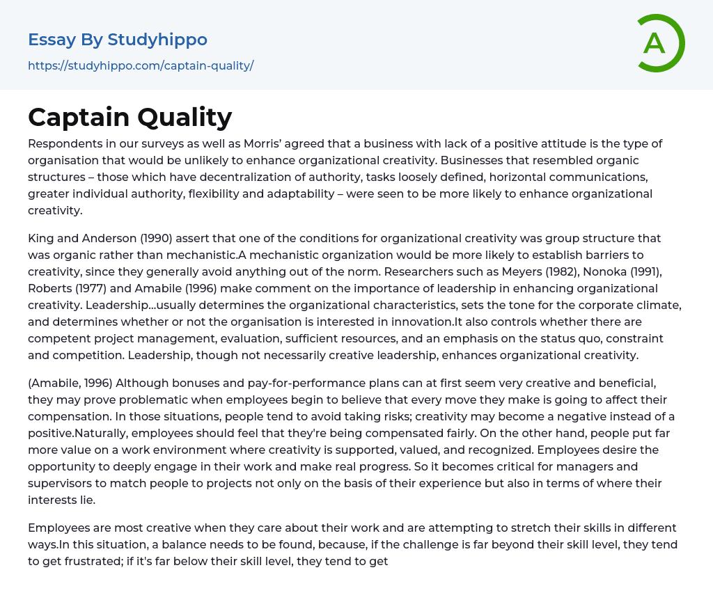 Captain Quality Essay Example
