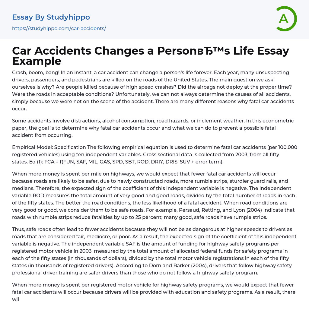 Car Accidents Changes a Person’s Life Essay Example