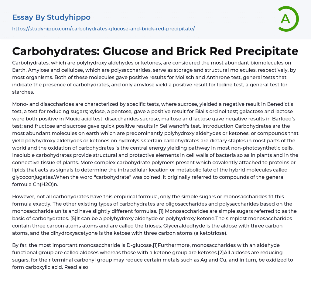 Carbohydrates: Glucose and Brick Red Precipitate Essay Example