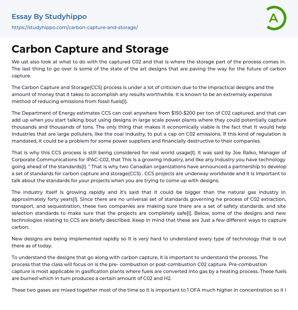 Carbon Capture and Storage Essay Example