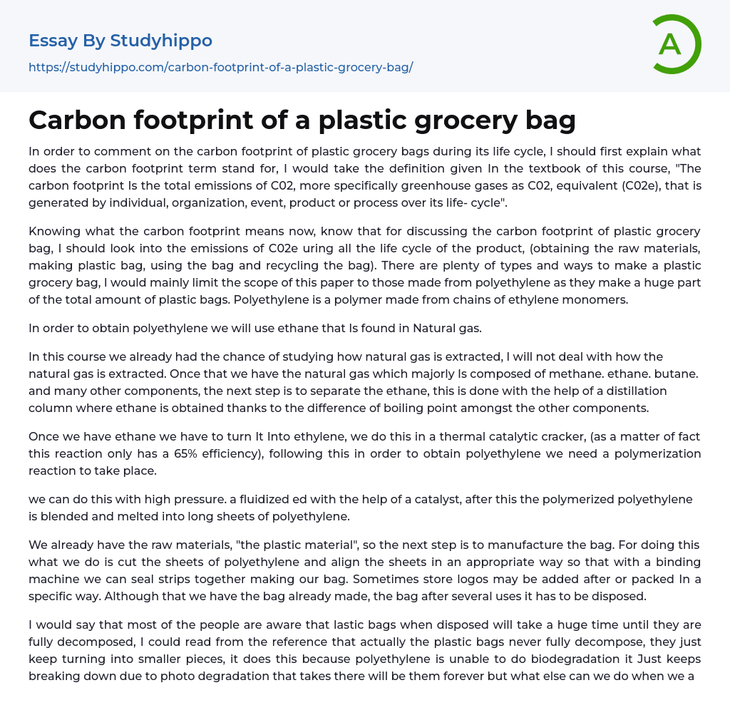 Carbon footprint of a plastic grocery bag Essay Example