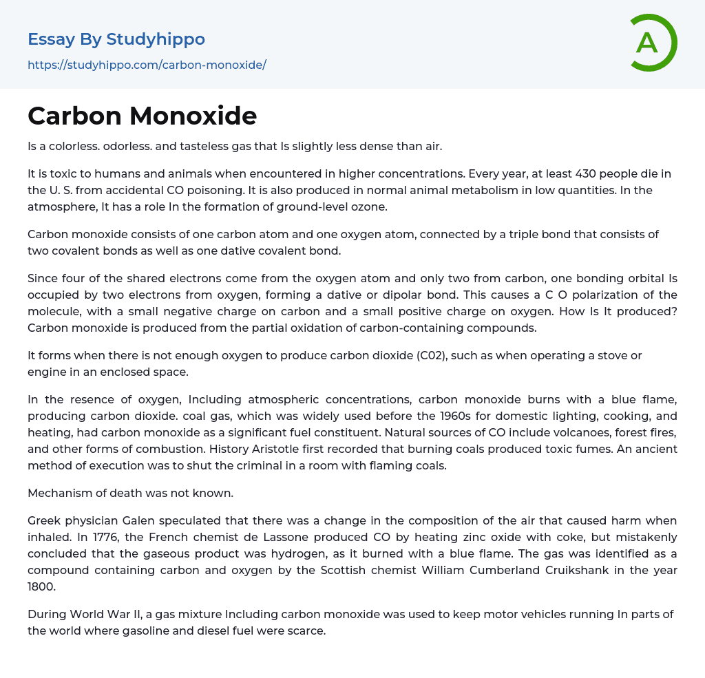 Carbon Monoxide Essay Example