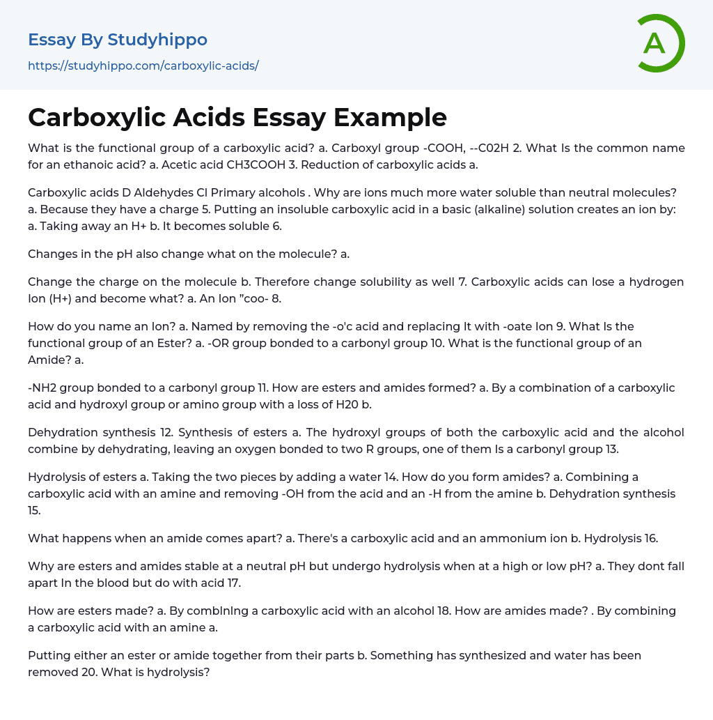 Carboxylic Acids Essay Example