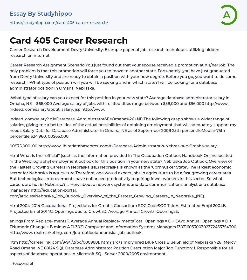 Card 405 Career Research Essay Example