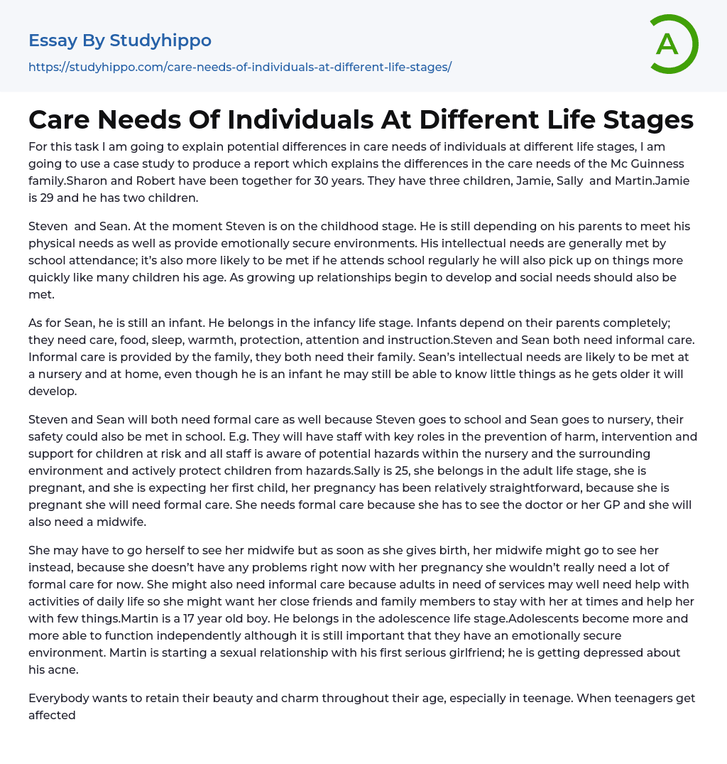 Care Needs Of Individuals At Different Life Stages Essay Example