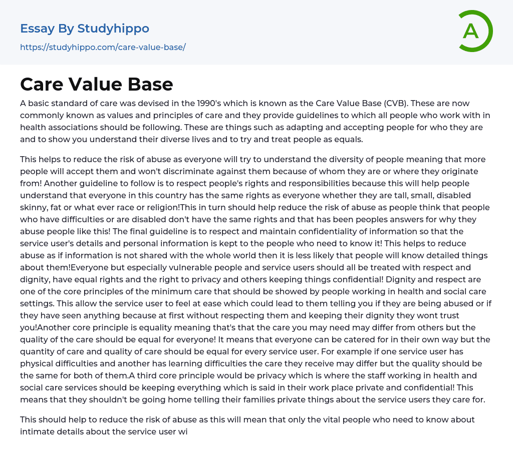 Care Value Base Essay Example