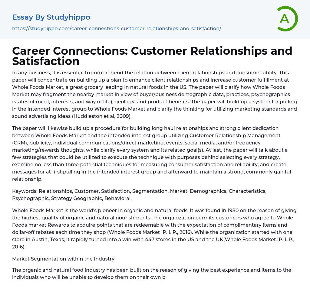 Career Connections: Customer Relationships and Satisfaction Essay Example